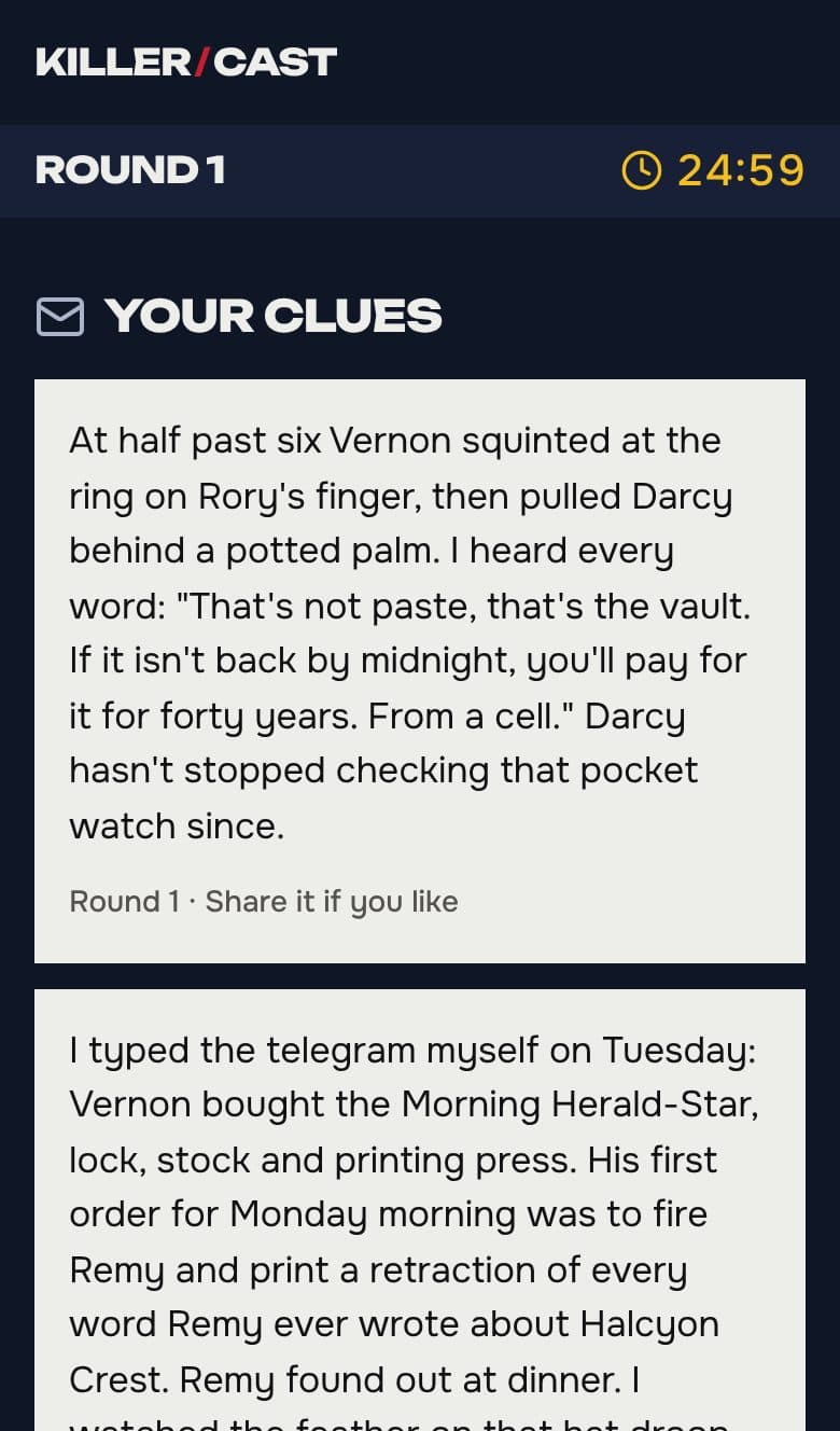 Round one on a guest's phone: the timer and the clues they hold.