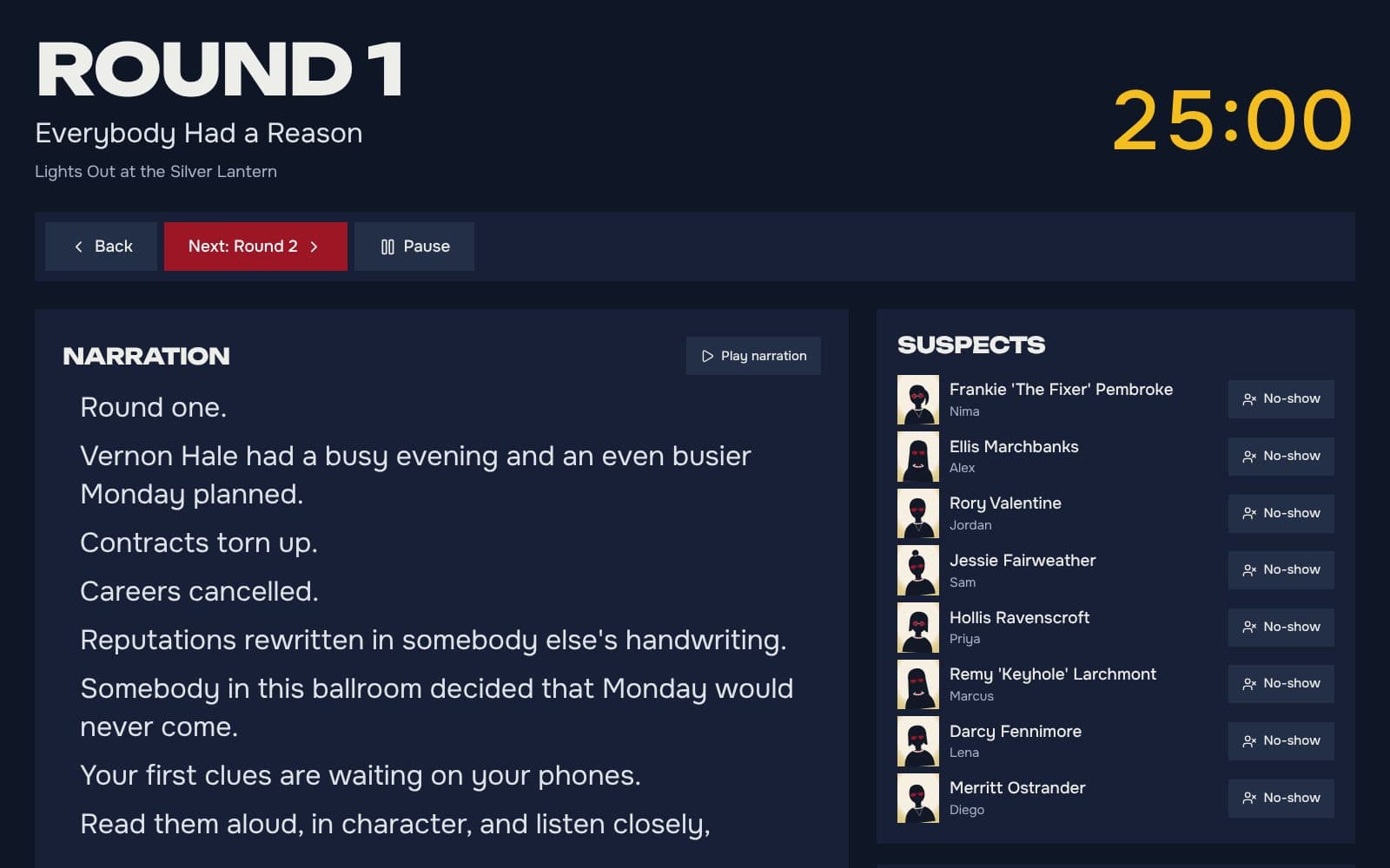 The host screen on a TV: round one, the narration, the suspects and the evidence.