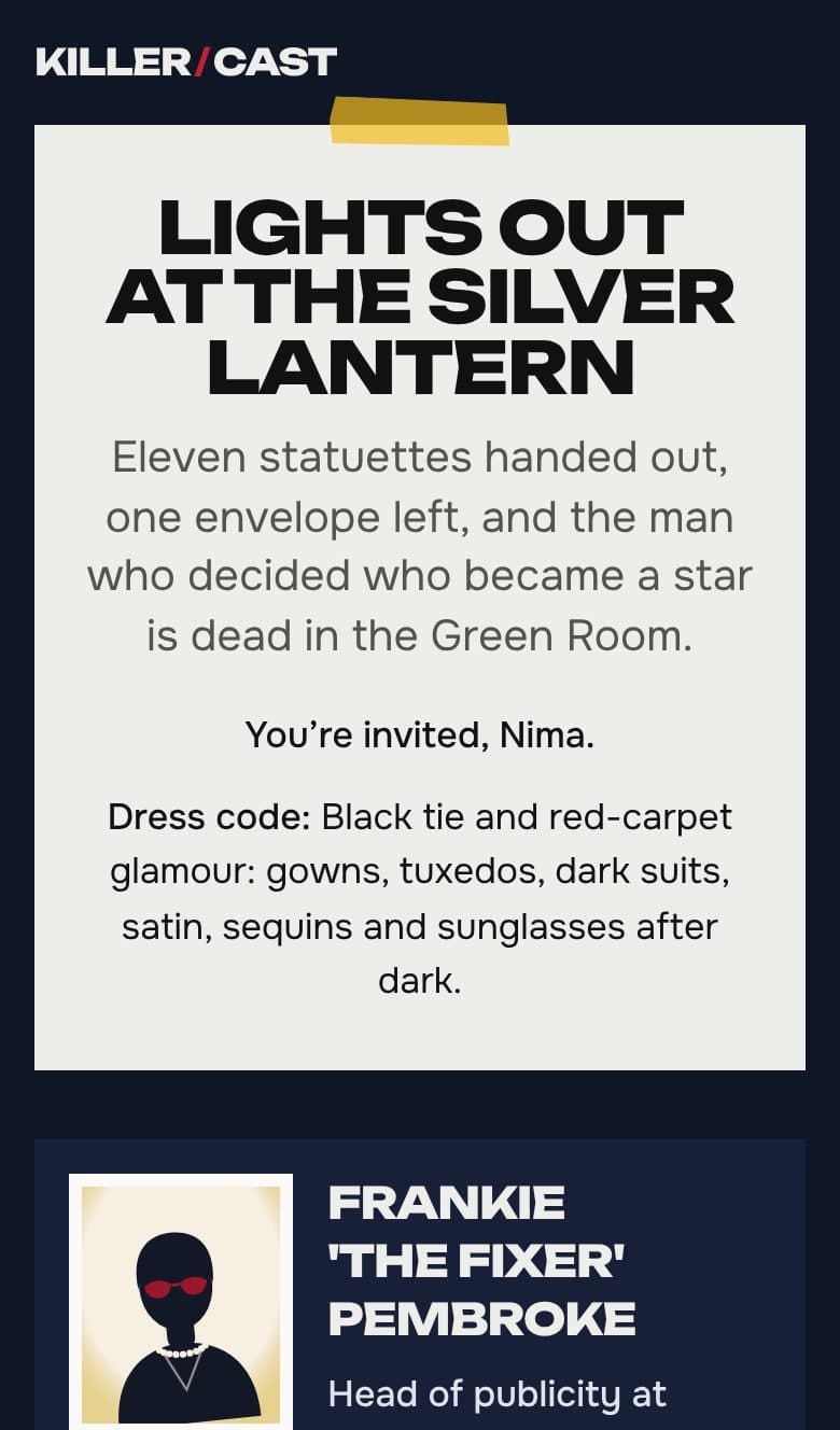 A guest's invite to a sample Old Hollywood Awards Night party: the case title, the dress code and their character.