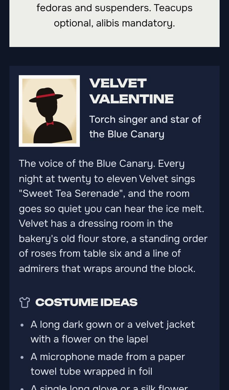 A guest's character page in a sample Roaring Twenties Speakeasy party: portrait, role and costume ideas.