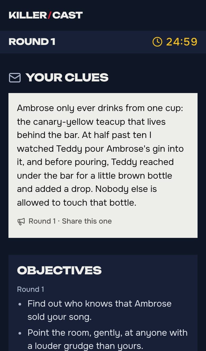 Round one on a guest's phone: the timer and the clues they hold.