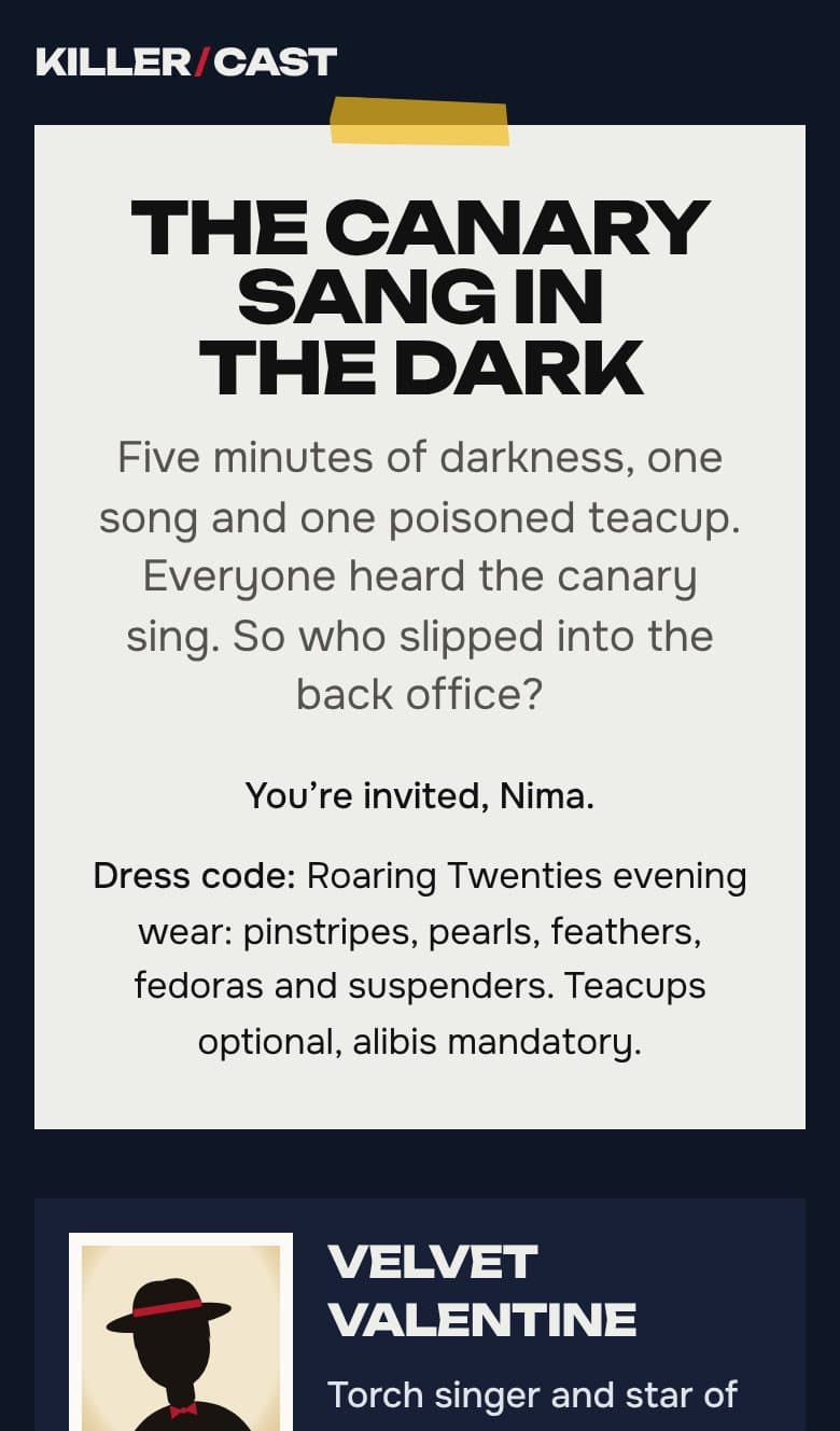A guest's invite to a sample Roaring Twenties Speakeasy party: the case title, the dress code and their character.