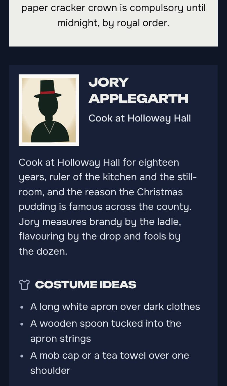 A guest's character page in a sample Victorian Christmas Manor party: portrait, role and costume ideas.