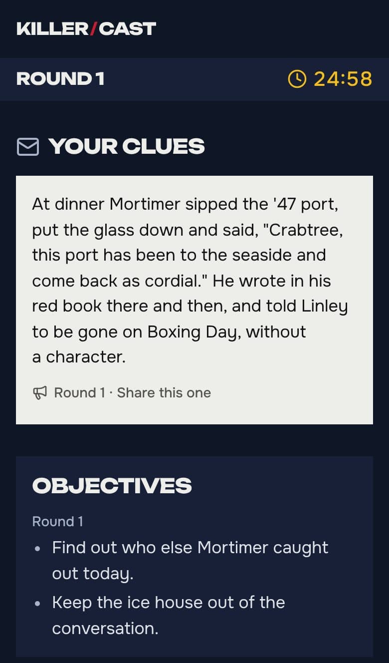 Round one on a guest's phone: the timer and the clues they hold.