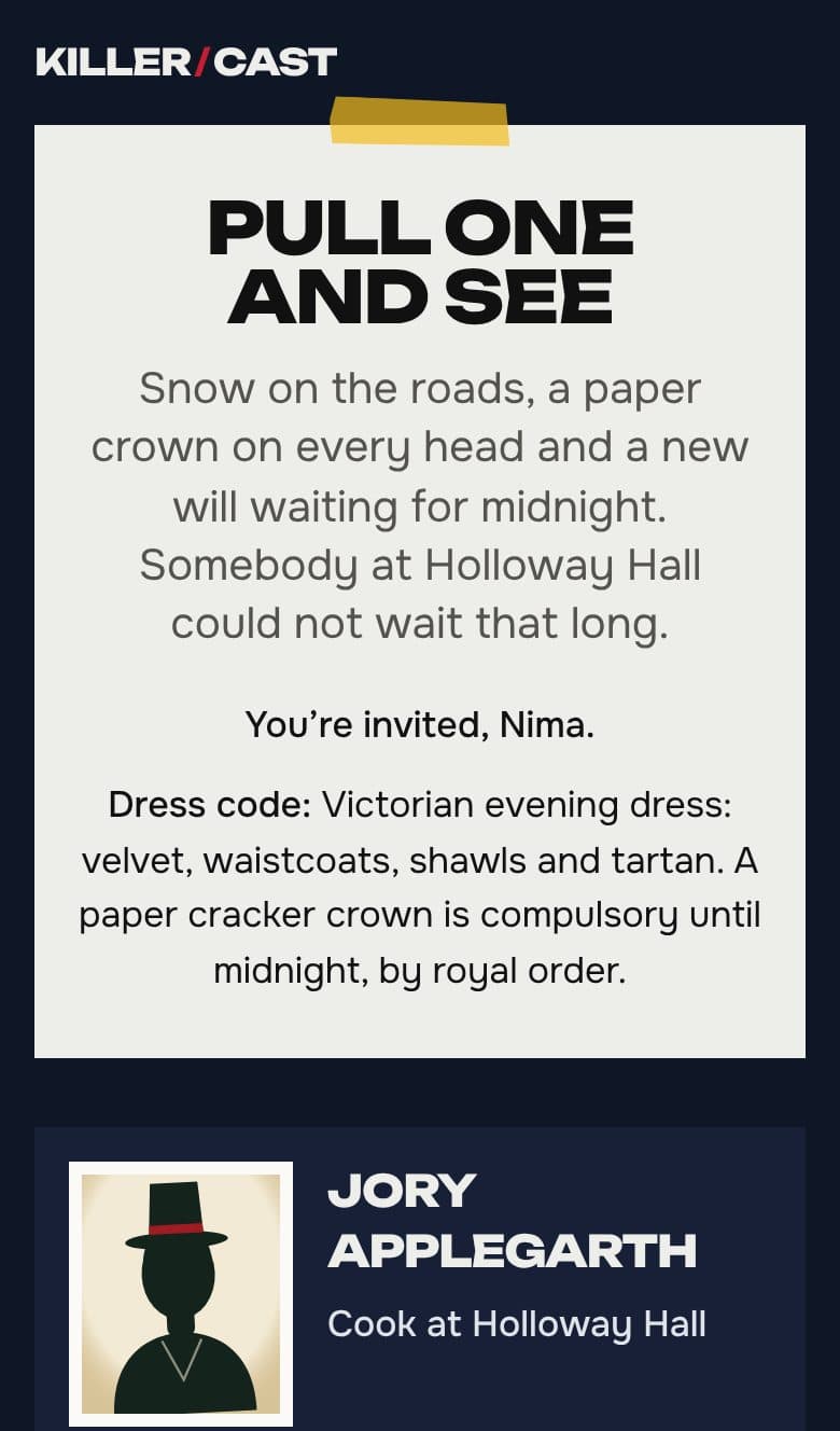 A guest's invite to a sample Victorian Christmas Manor party: the case title, the dress code and their character.